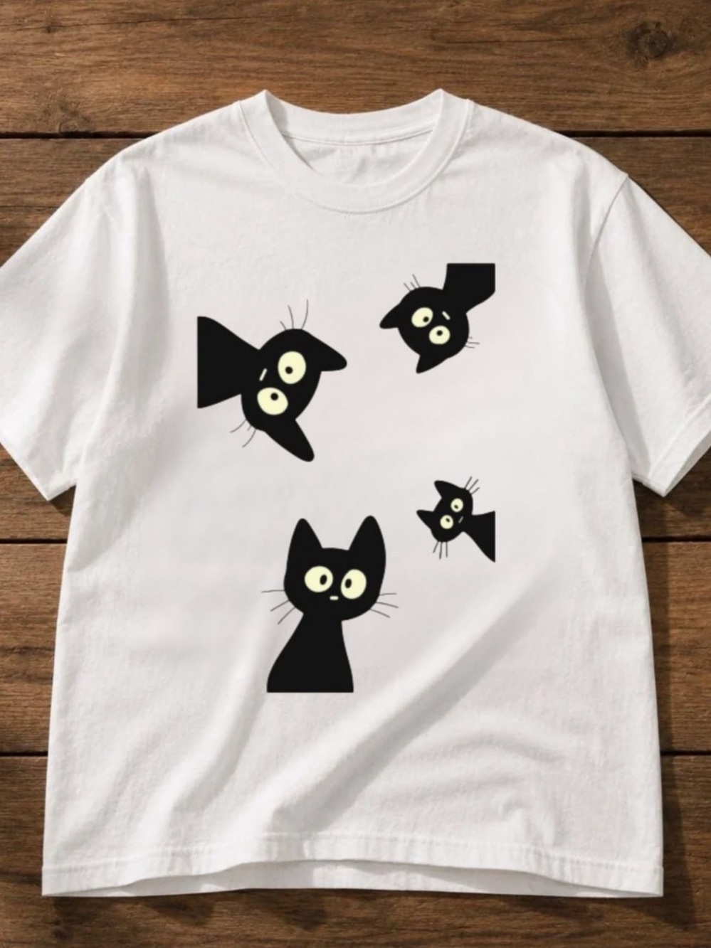 Gildan White Tee with Playful Black Cat Faces